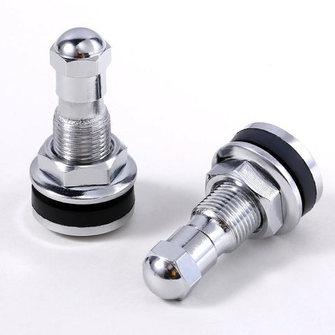 Front and side views of chrome metal valve stems with rubber seals; 1-inch outer-mount, two shown of a four-pack.