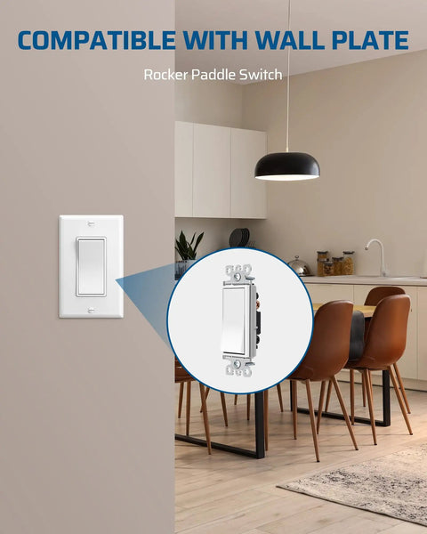 Installed smooth paddle rocker light switch in modern kitchen setting, quiet, durable wall switch with breakable plaster ears