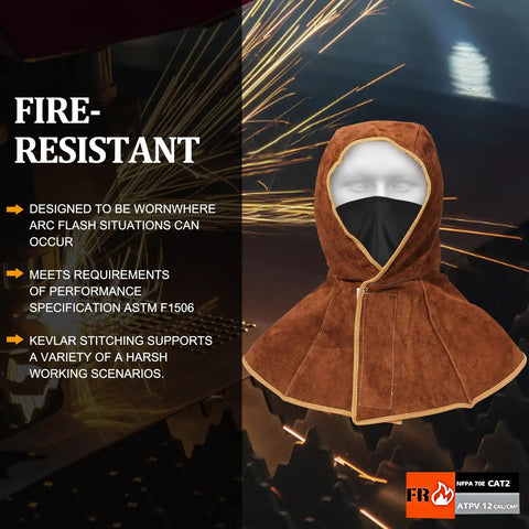 Cowhide Leather Welding Hood With Shoulder Cape Kevlar Reinforced Full Head Coverage Brown OSHA Compliant Durable Protective Helmet