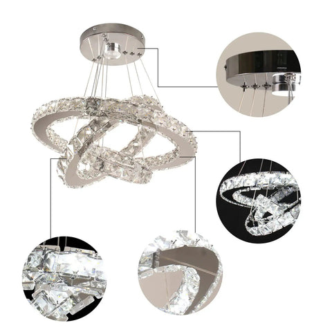 Dimmable LED Three-Ring Chandelier With Crystal Accents And Stainless Steel Pendant Light displaying close-up details