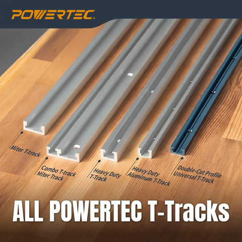 Top Shelf 48 Inch Miter T Track With Matching T Bar Snugs Into Table Saw And Router Table showing various aluminum T-tracks.