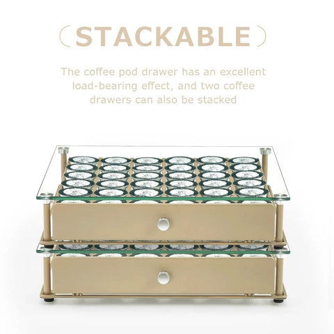 Coffee Pod Holder With Tempered Glass Top Drawer Holds 36 K Cup Pods, stackable design with two beige drawers.
