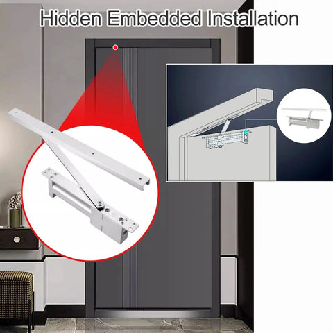 Illustration of Concealed Hydraulic Door Closer With Soft Close Damper and Hold Open Feature, hidden installation in door frame.