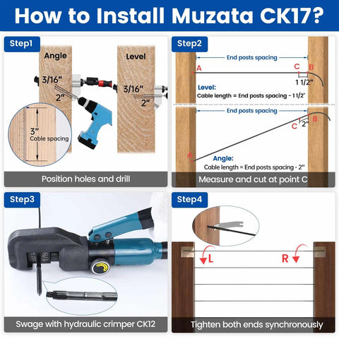 Step-by-step guide for installing 20 Pack Black Cable Railing Lag Screws Kit For Wood Posts With Left And Right Handed Threads.