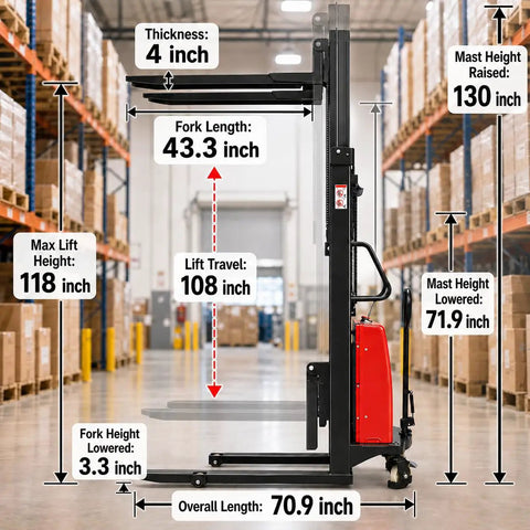 Rock Solid 6000 Lbs Heavy Duty Semi Electric Pallet Stacker With Adjustable Steel Forks dimensions, showing lift heights and fork lengths in warehouse.