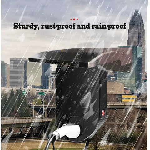 Hella Tough Universal Electric Vehicle Charger Cover And Weather Shield Roof For Outdoor Charging Station Pile Wall Box Accessory Rust Proof Canopy Guard shown during rain, showcasing sturdy design.