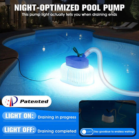 All Weather Navy Pool Cover Pump With Lights, Submersible Sump Pump For Above Ground Pools, illuminated at night in pool