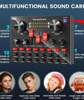 Two Premium Metal Microphones Podcast Studio Bundle featuring V8 Audio Interface sound card with multiple controls and effects.