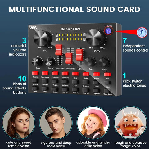 Two Premium Metal Microphones Podcast Studio Bundle featuring V8 Audio Interface sound card with multiple controls and effects.