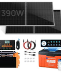 390W 12V One Stop Plug And Play Solar Panel Kit For RV And Off Grid Homes With Two 195W Panels 1000W Inverter 12V 100Ah Lithium Battery 30A Charge Controller And Bluetooth Module components displayed