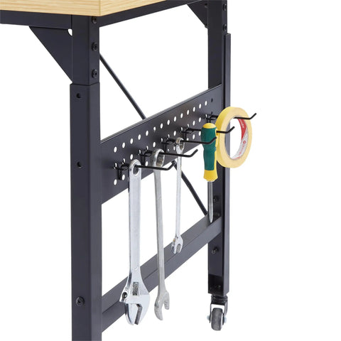 Heavy Duty 48 Inch Adjustable Workbench With Pegboard And Smooth Rolling Casters Built Like A Tank For Welding Jobs And Knockout Garage Tool Storage With AC USB Charging Ports And Sweet Hanging Hooks showing hanging tools on pegboard.