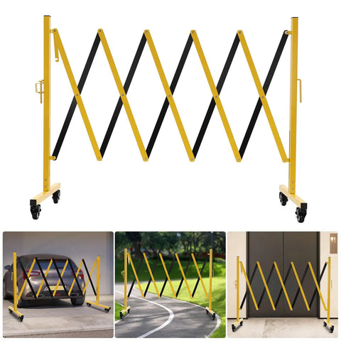 Heavy Duty Yellow And Black Folding Security Gate Built Like A Tank With Top Shelf Craftsmanship Smooth Rolling Casters And Quick Expand Adjustable Scissor Barrier For No Sweat Crowd Control in various settings.