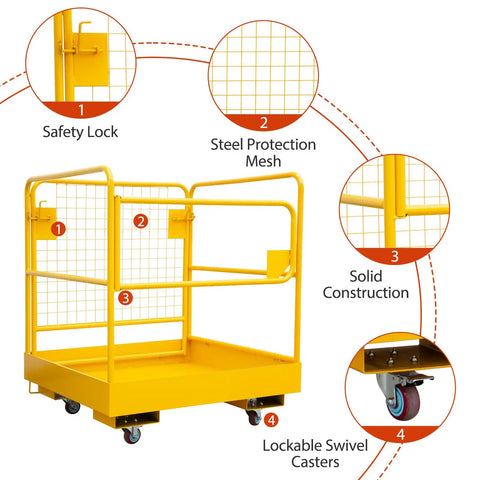 Heavy Duty Forklift Safety Cage Built Tough 36 By 36 Inch Foldable Work Platform 1200 Lb Capacity Carbon Steel Basket With Caster Wheels For Warehouse Maintenance And Factory Jobs OSHA Compliant, yellow mesh cage