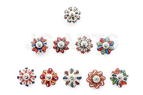 Set Of Ten Totally Rad Vintage Ceramic Drawer Pulls And Cupboard Cabinet Door Knobs Featuring Super Sleek Multicolor Designs Plus Rock Solid Chrome Hardware. Unique handmade ceramic knobs in various colors, ideal for cabinets.