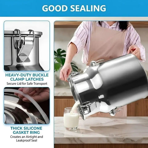 Stainless Steel Milk Can With Airtight Lid Built To Last Heavy Duty Food Grade Tank pouring milk into glass on counter