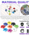 Vibrant multi color 3/16 inch metal flower eyelets and round grommets kit for crafting and DIY, shown with tools and 400 pcs assortment.
