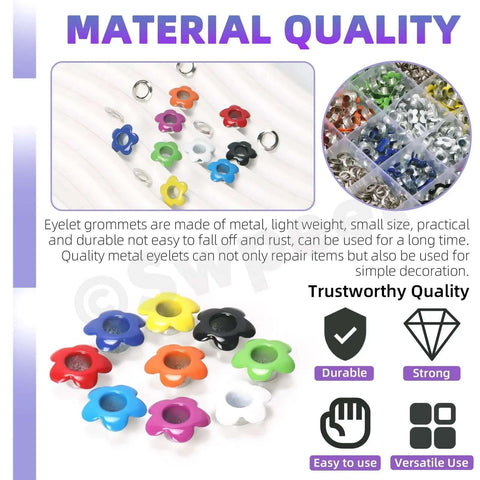 Vibrant multi color 3/16 inch metal flower eyelets and round grommets kit for crafting and DIY, shown with tools and 400 pcs assortment.