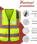 Custom High Visibility Safety Vest With Clean Slick Two Tone Look, Heavy Duty Breathable Mesh, Smooth Zip And Roomy Pockets. Reflective gear with pockets and walkie-talkie holder.