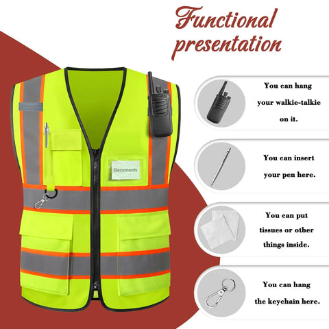 Custom High Visibility Safety Vest With Clean Slick Two Tone Look, Heavy Duty Breathable Mesh, Smooth Zip And Roomy Pockets. Reflective gear with pockets and walkie-talkie holder.