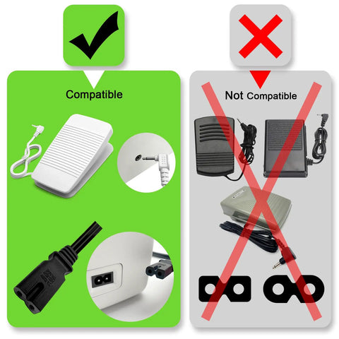 Image showing compatibility of Sewing Machine Foot Pedal Controller Replacement FC322 With 6.5Ft AC Power Cord, highlighting correct connections.