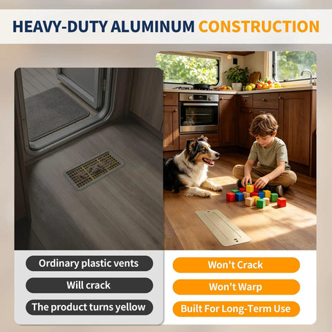 Aluminum RV Floor Register 2x10 With Magnetic Vent Cover For Inside Use in RV, showing durability and aesthetic appeal