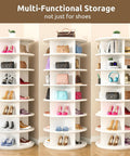 7 Tier Rotating Shoe Rack With 360 Degree Spin, Holds 28-32 Pairs, Lazy Susan Style Shoe Organizer Tower For Closet shown with accessories.