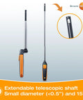 Handheld Air Velocity And Temperature Meter With In-Duct Airflow Measurement, CFM Readout, And A 15 Inch Telescoping Shaft For Easy Spot Checks, Bluetooth Connectivity And Mobile App Control For Quick Duct Diagnostics., extendable telescoping shaft
