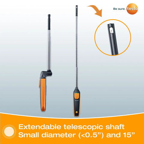 Handheld Air Velocity And Temperature Meter With In-Duct Airflow Measurement, CFM Readout, And A 15 Inch Telescoping Shaft For Easy Spot Checks, Bluetooth Connectivity And Mobile App Control For Quick Duct Diagnostics., extendable telescoping shaft