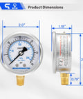 Dimensions of Low Pressure Glycerin Filled Pressure Gauge 0 To 30 Psi KPa 304 Stainless Steel Case One Quarter Inch NPT Lower Mount