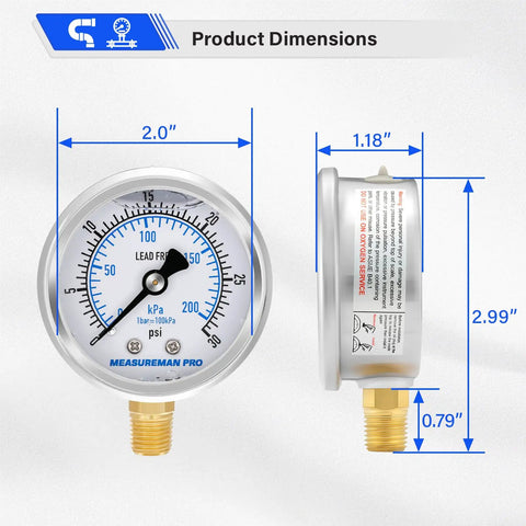 Dimensions of Low Pressure Glycerin Filled Pressure Gauge 0 To 30 Psi KPa 304 Stainless Steel Case One Quarter Inch NPT Lower Mount