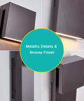 Sleek Outdoor Indoor LED Wall Sconce With Two Lights, 17W Total, Bronze Finish, 1600 Lumens, 3000K Warm White, 90 CRI, Dimmable