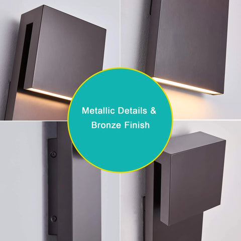 Sleek Outdoor Indoor LED Wall Sconce With Two Lights, 17W Total, Bronze Finish, 1600 Lumens, 3000K Warm White, 90 CRI, Dimmable