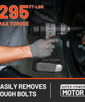 Hand using 20V Cordless One Half Inch Impact Wrench Kit With 2.0Ah Battery, Hog Ring Anvil, 5 Torque Settings, Up To 295 Ft Lbs And 3000 IPM, Includes 4 Sockets For Lug Nuts And Car Tire Changes, Home Garage And DIY Use, Charger Not Included on car tire.