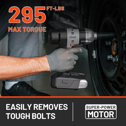 Hand using 20V Cordless One Half Inch Impact Wrench Kit With 2.0Ah Battery, Hog Ring Anvil, 5 Torque Settings, Up To 295 Ft Lbs And 3000 IPM, Includes 4 Sockets For Lug Nuts And Car Tire Changes, Home Garage And DIY Use, Charger Not Included on car tire.