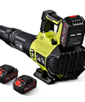 Powerful Cordless Leaf Blower With Dual 4Ah Batteries Fast Charger 580 CFM At 160 MPH 2 Speed Modes Lightweight Battery Powered Blower For Lawn Care Patio Garden And Yard Cleanup, shown with two batteries and charger