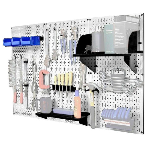 Heavy Duty Standard Workbench Metal Pegboard Tool Organizer in white and black with tools, hooks, and shelves displayed in a garage.