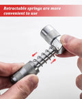 Hands showing 90-degree coupler of Gear Up 10 Piece Car Grease Needle Nozzle Kit for Grease Gun with retractable springs.