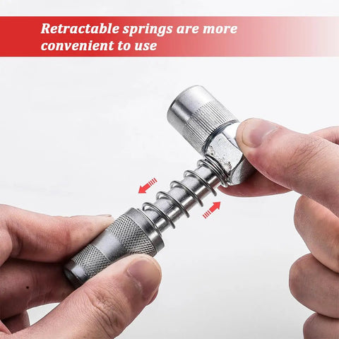 Hands showing 90-degree coupler of Gear Up 10 Piece Car Grease Needle Nozzle Kit for Grease Gun with retractable springs.