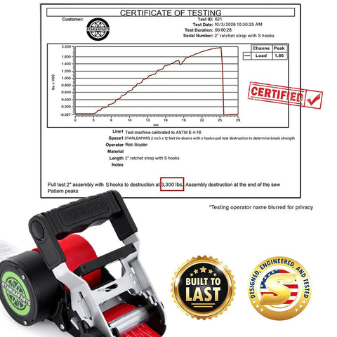 Heavy Duty Self Retracting Ratchet Straps No Sweat One Touch Retraction Quick Release Side Button For Truck Cargo Tie Downs Heavy Load Premium Hardware testing certificate with ratchet strap image and S hooks, showing 3300 lbs strength test results.