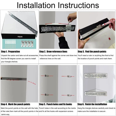 Installation instructions for Dope Triangular Floating Corner Shelves Set in Silver Mirror with Crushed Diamond Under Glass.