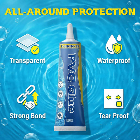 Ultra Strong Inflatable Patch Repair Kit PVC glue on water background showing waterproof, transparent, strong bond features.