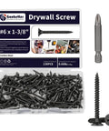 130 Piece Pack Of Number 6 By 1 And 3 Eighths Inch Coarse Thread Drywall Screws With Phillips Flat Countersunk Head A Real Workhorse For Wood Studs And Sheetrock Made From 1022A Phosphated Carbon Steel With Grade 8.8 Hardness For Heavy Duty Mounting in a plastic case with a single screw and drill bit shown.