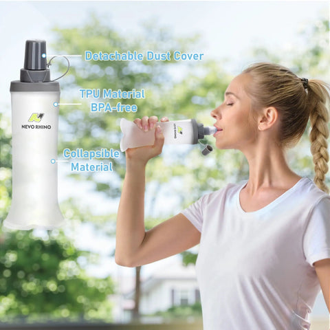 Woman drinking from Lightweight Running Hydration Vest With Two 250ml TPU Soft Flasks, BPA Free Bottle System outdoors.