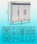 Top Shelf 78 Inch Triple Door Reach In Freezer 72 Cubic Feet Stainless Steel with detailed specs for commercial kitchen use.