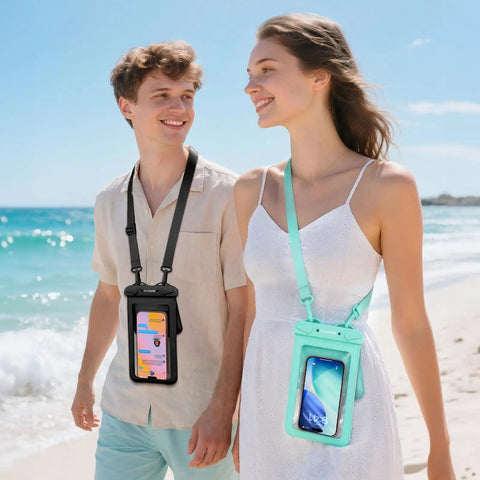 Couple on beach wearing Waterproof Phone Pouch 2 Pack Up To Eight Point Eight Inches Double Bag IPX8 Case Built For Outdoors