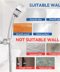 Adjustable Shower Head Holder With Strong Suction Cup Bracket showing suitable and unsuitable wall types for bathroom install