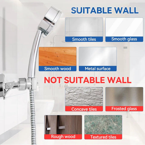 Adjustable Shower Head Holder With Strong Suction Cup Bracket showing suitable and unsuitable wall types for bathroom install