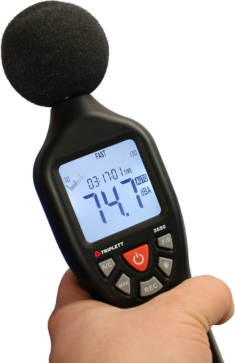SoniChek PRO Professional Decibel Meter For Accurate AC Weighted Sound Readouts, 30 To 130 dB Range, 31.5 Hz To 8 kHz Frequency, IEC651 Type 2 ANSI S1.4 Type 2 Compliance, Fast And Slow Responses, Analog Output, Bar Graph, Max Hold. handheld sound meter showing 74.7 dBA with foam mic