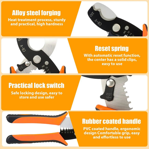 Heavy Duty Wire Stripper Cable Cutter With 45 Steel Body And Stainless Return Spring For Electricians Auto Opening Pliers Crimper Tool showing alloy steel forging and rubber coated handle.