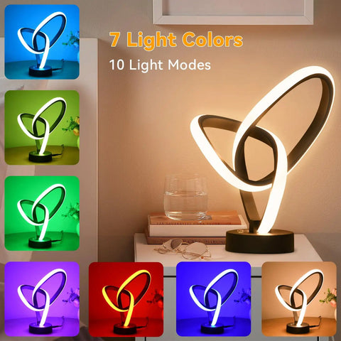 RGB LED Modern Table Lamp With 7 Colors, 10 Light Modes, And 3 Way Dimmable Touch Desk Lamp in spiral design on nightstand